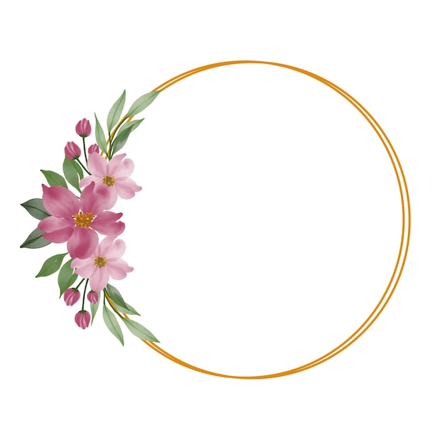 circle gold frame with pink floral bouquet for wedding invitation