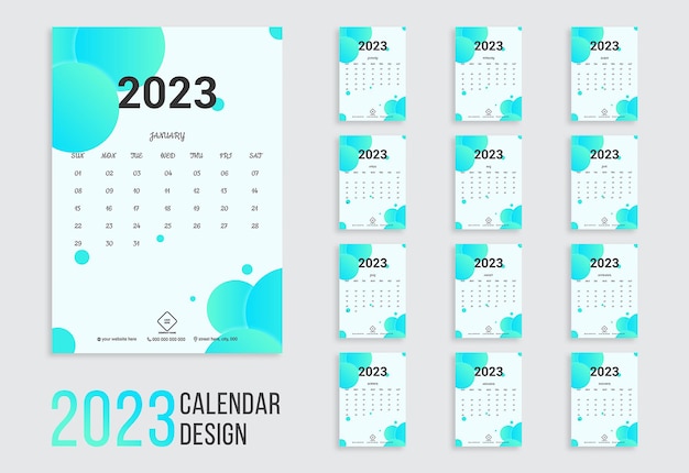 2023 年のサークル グラデーション形状の組み合わせときれいなカレンダー テンプレート デザイン