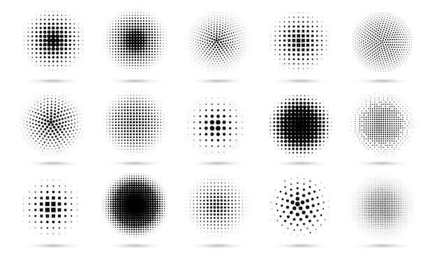 Circle halftone. Abstract dotted circles, round halftones geometric dots gradient and pop art texture.