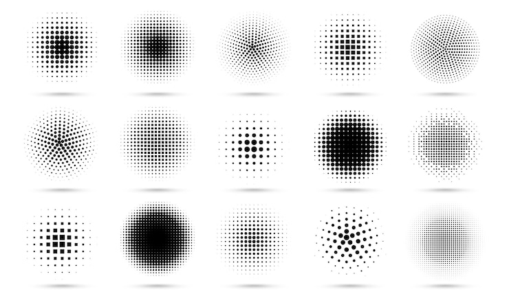 Vector circle halftone. abstract dotted circles, round halftones geometric dots gradient and pop art texture.