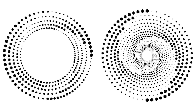 Mezzitoni circolari. cerchi tratteggiati astratti, gradiente di punti geometrici a mezzitoni rotondi