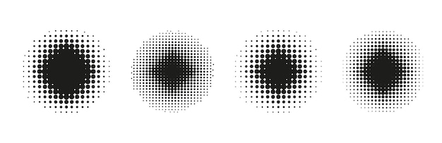 원형 하프톤. 만화 점선 방사형 패턴입니다. 추상 그라데이션을 설정합니다. 하프톤 효과가 있는 팝 아트 프린트
