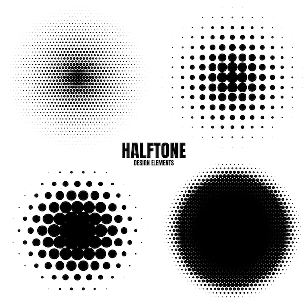 Vector circle halftone design elements with black dots isolated on white background comic dotted pattern