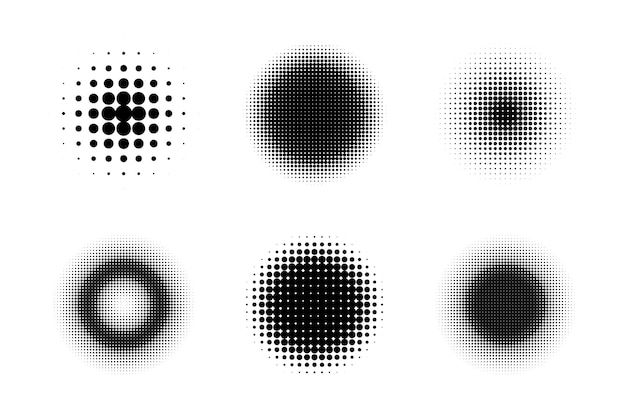 Vector circle halftones isolated abstract dotted circles round halftones geometric dots vector set