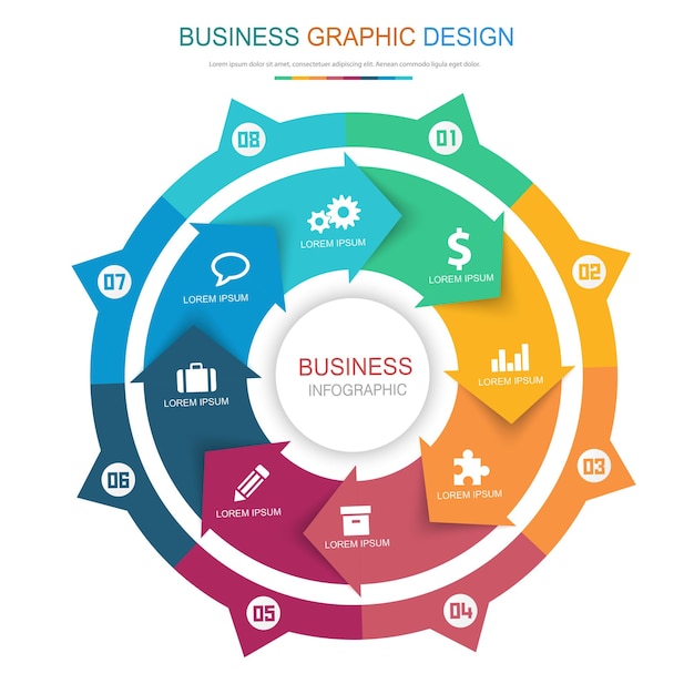 Elementi infografici cerchio con icona aziendale su sfondo a colori cerchio processo o passaggi e opzioni diagramma di flusso di lavoro elemento di design vettoriale eps10 illustrazione
