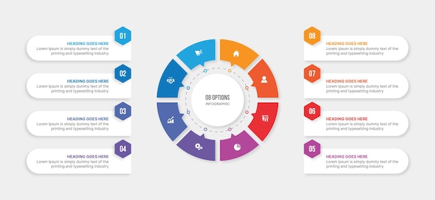 Вектор Дизайн шаблона круговой инфографики с диаграммой рабочего процесса в 8 шагах