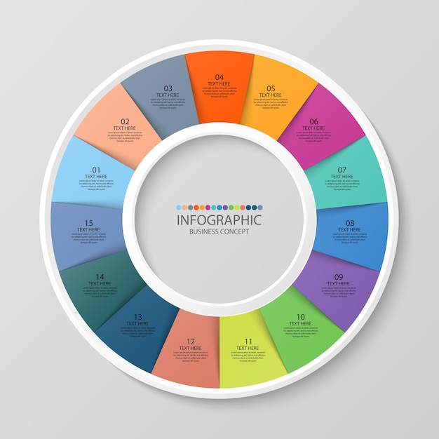 Circle infographic template with 15 steps process or options process chart