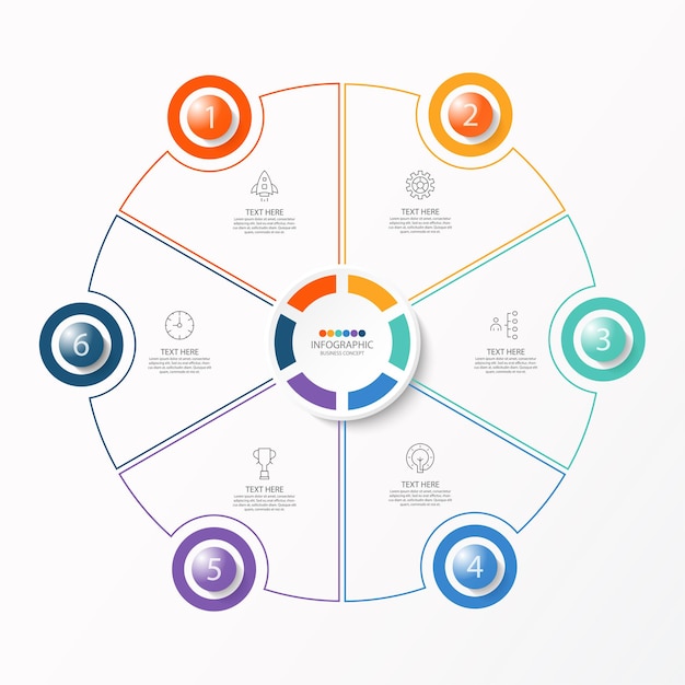 Modello di infografica cerchio con 6 passaggi, processo o opzioni, diagramma di processo,