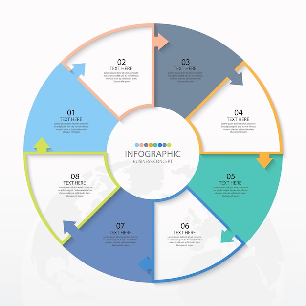 Modello di infografica circolare con processo a 8 passaggi o grafico di processo delle opzioni