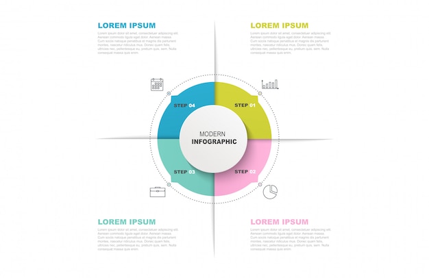 Circle infographic template with icons and 4 steps or options.