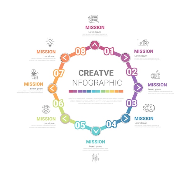 벡터 서클 인포그래픽 씬 라인 디자인 및 8가지 옵션 또는 비즈니스 개념을 위한 인포그래픽 단계