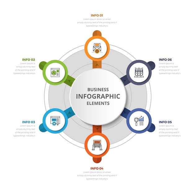 Circle infographics infograph 6-element met grafisch diagram in de middelste cirkel met pictogrammen