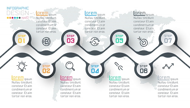 Circle label infographic with step by steps.