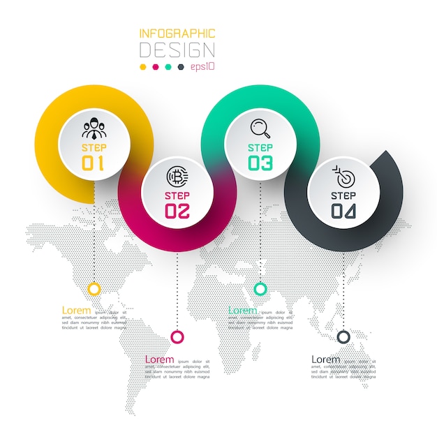 Circle label infographic with step by steps.