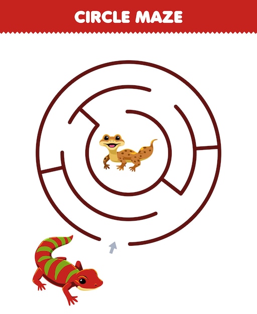 circle maze for children draw line help red gecko move to the brown gecko printable pet worksheet