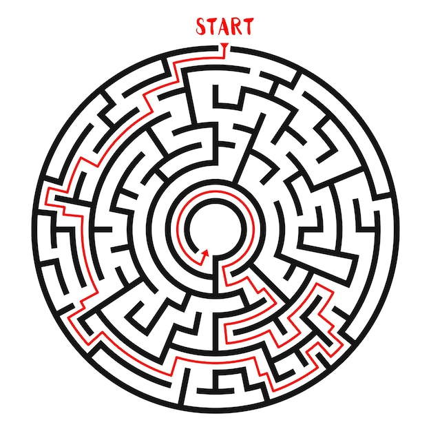 Labirinto circolare con labirinto di soluzioni con entrata e uscita trova la via d'uscita illustrazione vettoriale concetto