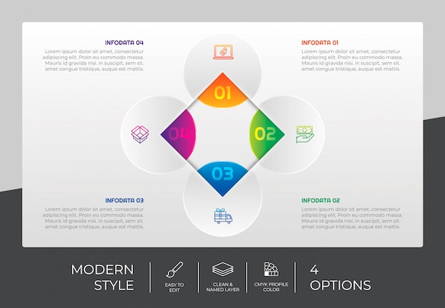 Vettore cerchio opzione infografica design con 4 opzioni e stile colorato a scopo di presentazione. opzione moderna infografica