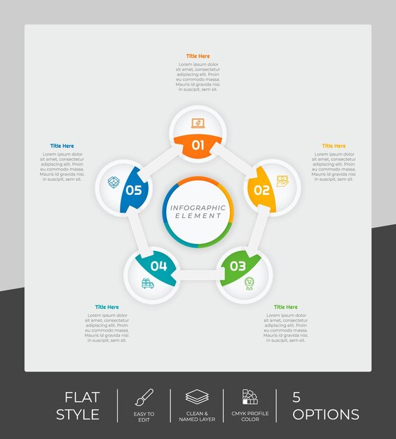 Circle option infographic vector design with 5 options colorful style for presentation purposeFlat option infographic can be used for business and marketing