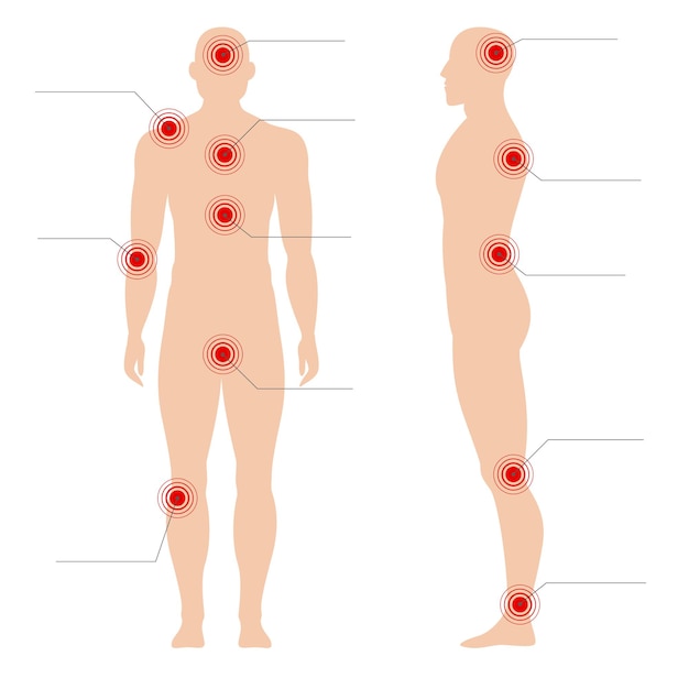 Vector circle painful red spot painfully point on human silhouette medical abstract illustration