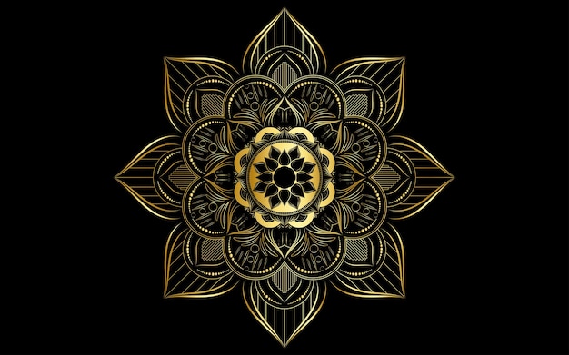 Cerchio motivo petalo fiore di mandala con colore orovector motivi floreali mandala design unico con sfondo nero motivo disegnato a mano