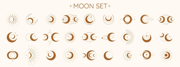 Circle pattern set with clouds moon sun stars The sun moon phases crystals magic symbols