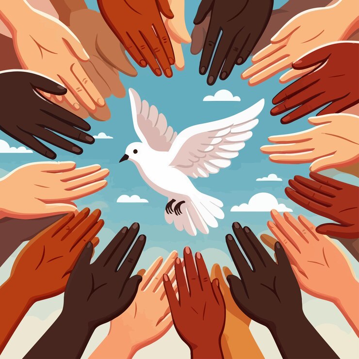 Vector a circle of people holding hands with a white dove in the middle