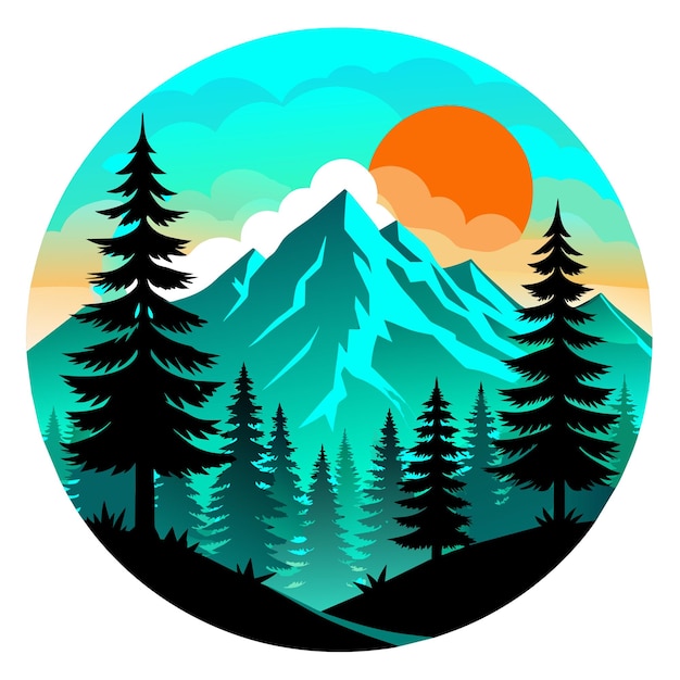 Vector a circle of pine trees and mountains with a sunset in the background
