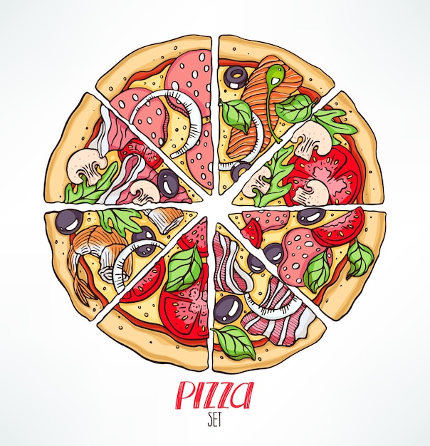 Vector circle of pizza slices with various stuffing