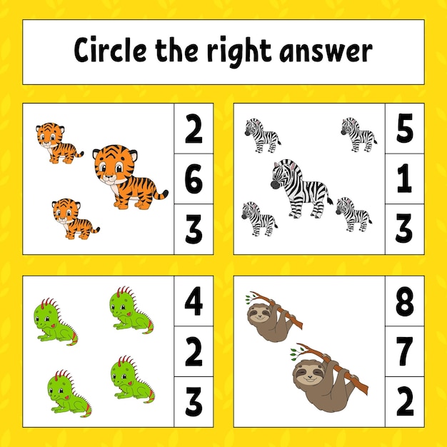 Circle the right answer education developing worksheet activity page with pictures game for children funny character