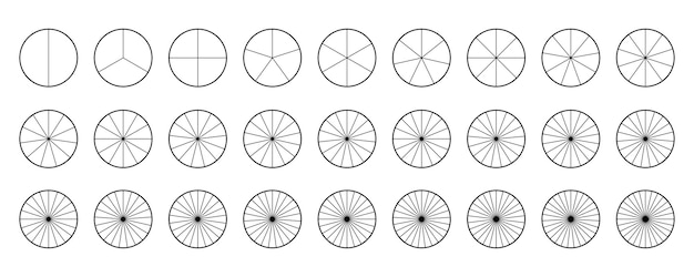 Circle segments collection Pie diagrams set Round sections and slices pack From 2 to 28 segments