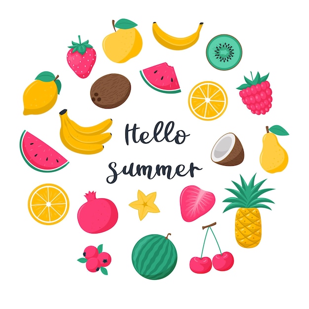 Vector circle shape composition with bright tropical summer fruits and berries strawberry orange watermelon pomegranate kiwi vector illustrations in a flat cartoon style isolated on a white background