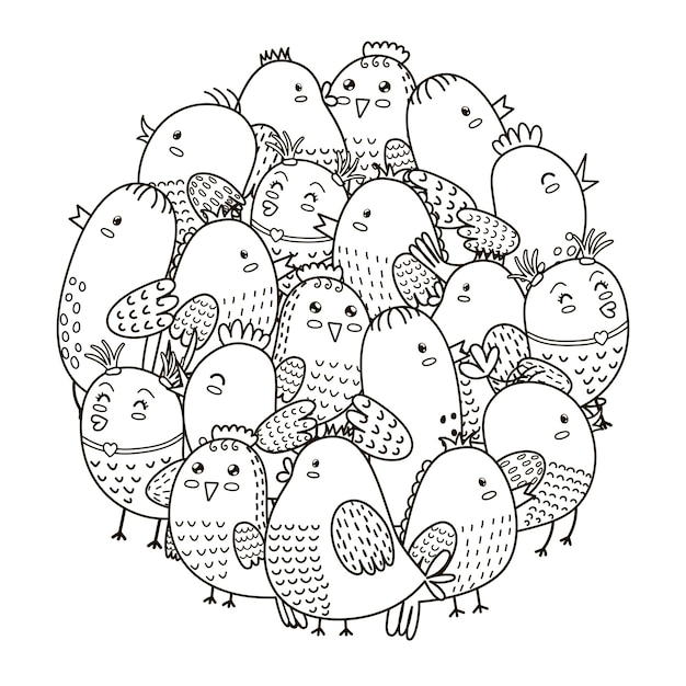 Circle shape pattern with cute birds for coloring book