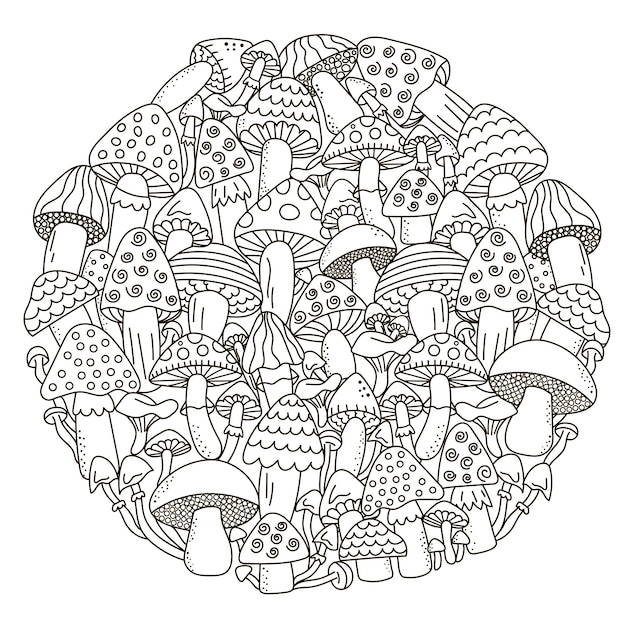 Vector circle shape pattern with fantasy mushrooms for coloring book