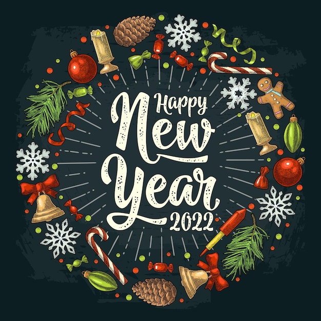 Circle shape set with happy new year 2022 lettering vector vintage color engraving on black