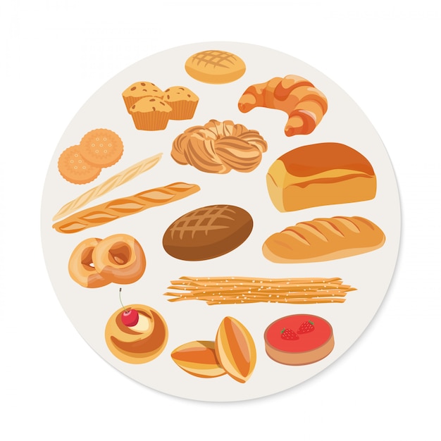 Vector circle shape with pastries and bakery products