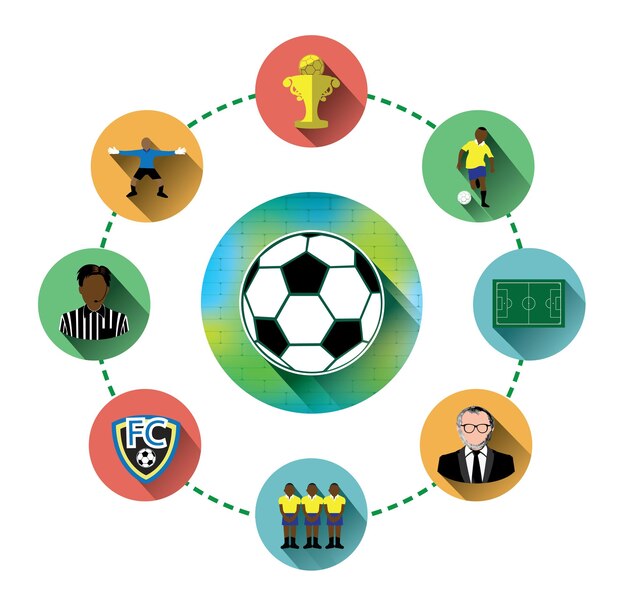 Circle soccer icons set with long shadow effect