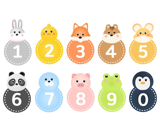 Circle stickers with colors from 0 to 9 number illustration set for kindergarten Hand drawn style