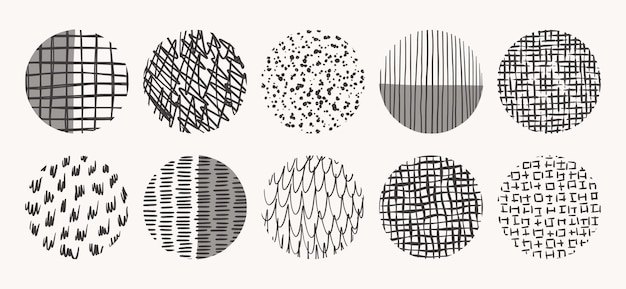 잉크, 연필, 브러시로 만든 원 텍스처. 반점, 점, 원, 선, 줄무늬, 선의 기하학적 낙서 모양. 손으로 그린 패턴의 집합입니다.
