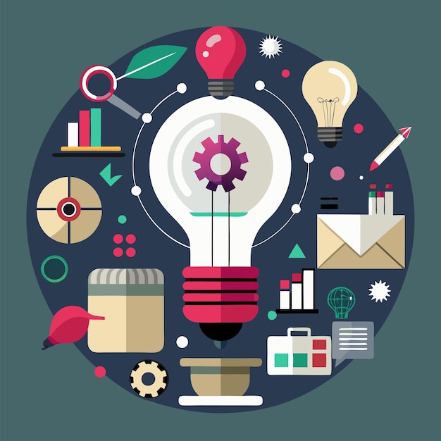 a circle of things with a circle of gears and a light bulb