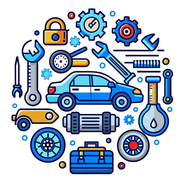 a circle of tools including a car and tools