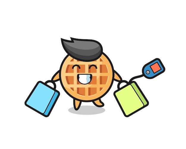 Circle waffle mascot cartoon holding a shopping bag , cute design