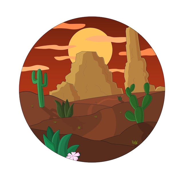 Vector a circle with a desert scene and a cactus in the foreground.