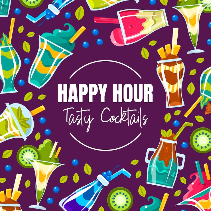 वेक्टर circle with the inscription happy hour testy cocktails on a purple background vector illustration
