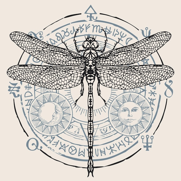 circle with magical inscriptions and dragonfly