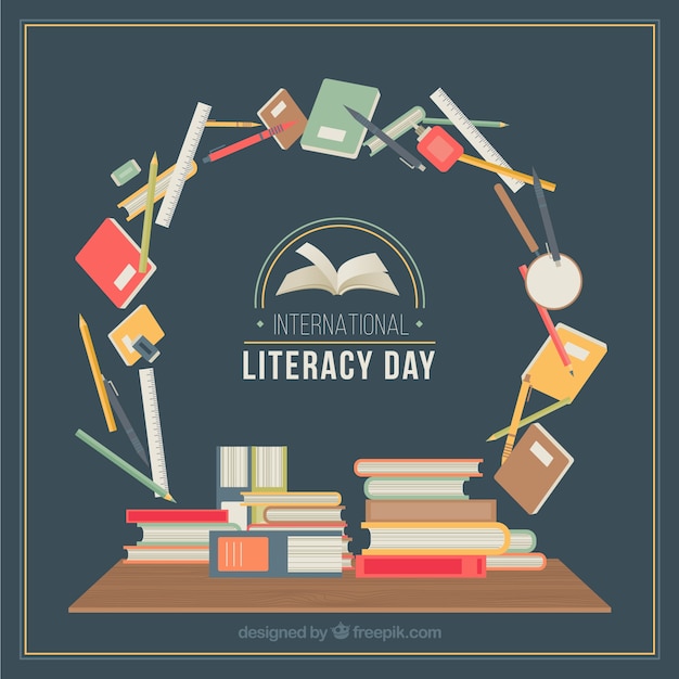 Vector circle with school items for literacy day
