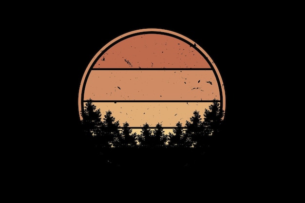 Circle with a sunset and trees on the bottom.