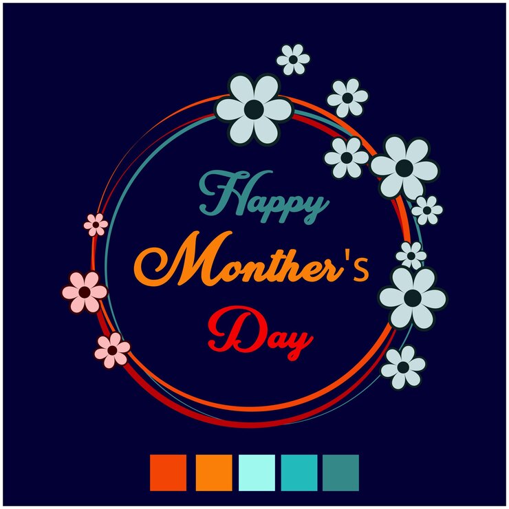 वेक्टर a circle with white and orange flowers and a blue background with the words happy mothers day