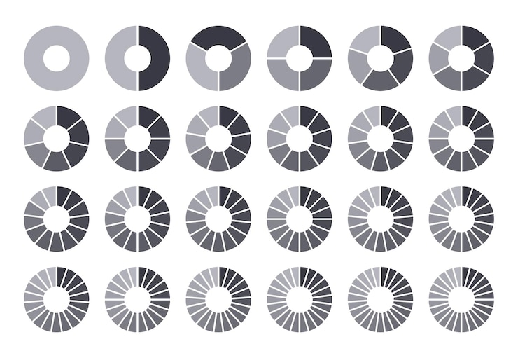 Vector circles divided into parts from to black round chart for infographic pie portion or pizza slice