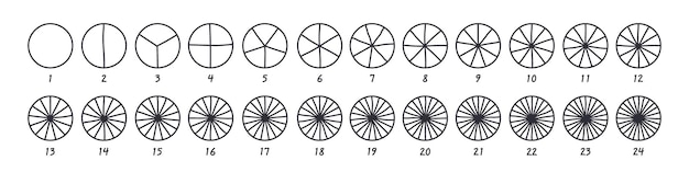 Circoli divisi in parti da a doodle contorno tabella rotonda per porzione di torta infografica o pizza