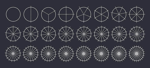 インフォグラフィックのパイ部分またはピザスライスの丸いグラフの概要を示す部分に分割された円